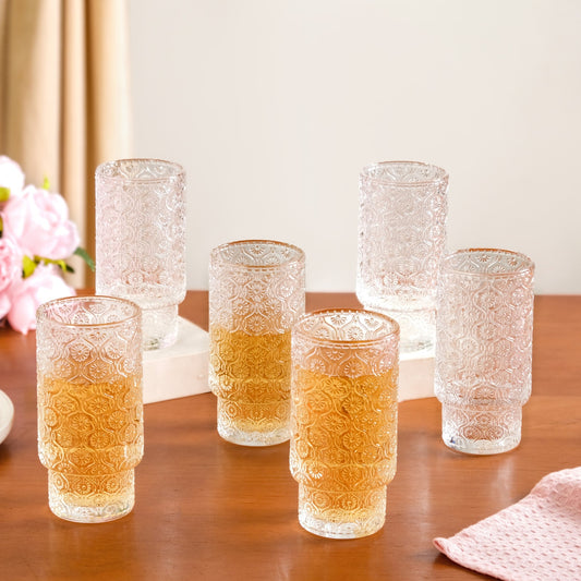 Embossed Tall Glass Tumblers Set Of 6 330ml