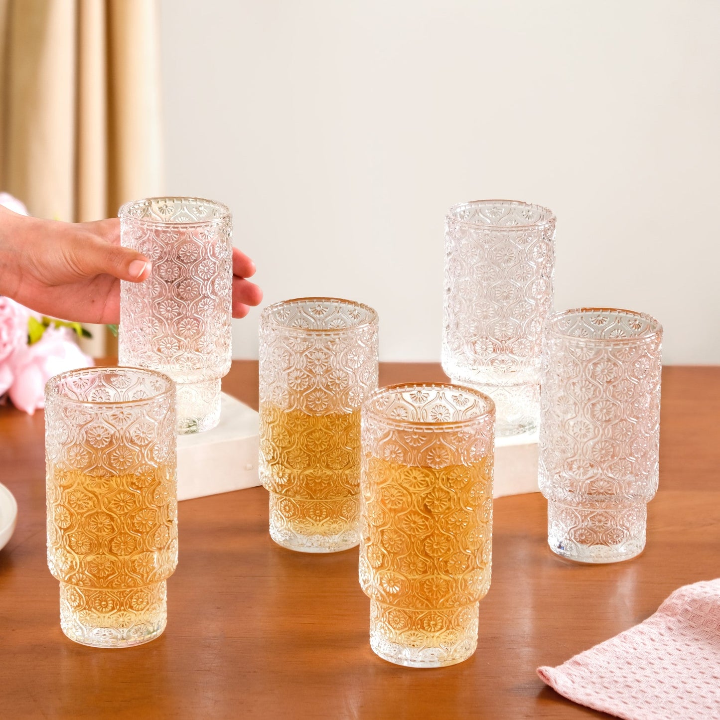 Embossed Tall Glass Tumblers Set Of 6 330ml