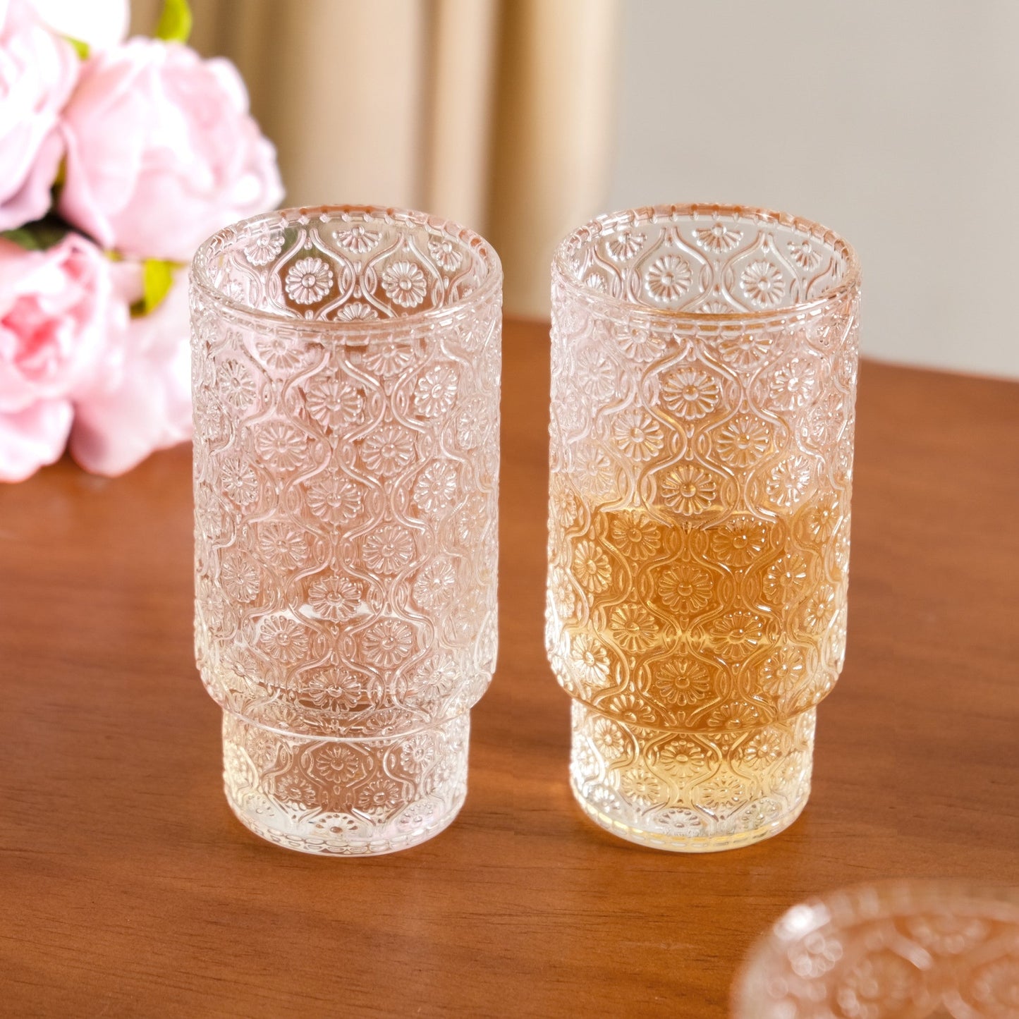 Embossed Tall Glass Tumblers Set Of 6 330ml