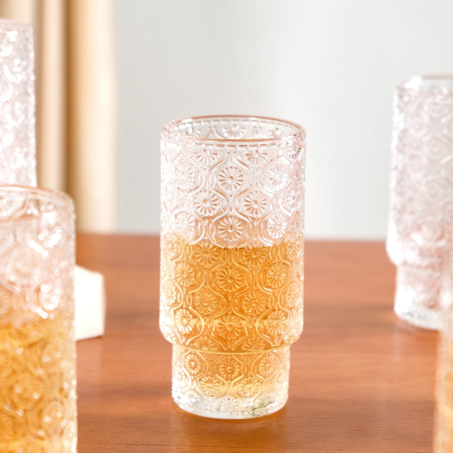 Embossed Tall Glass Tumblers Set Of 6 330ml